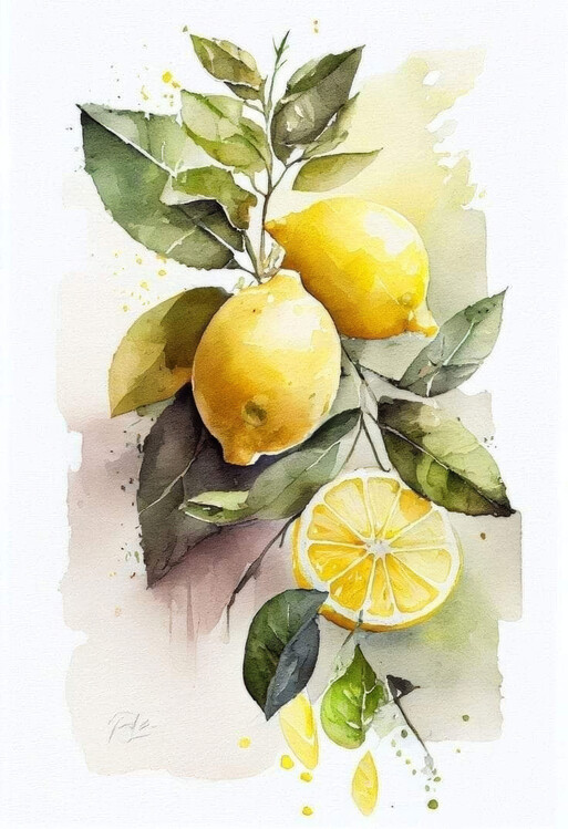 Poster Watercolor Painting of Lemons, kitchen food wall decoration