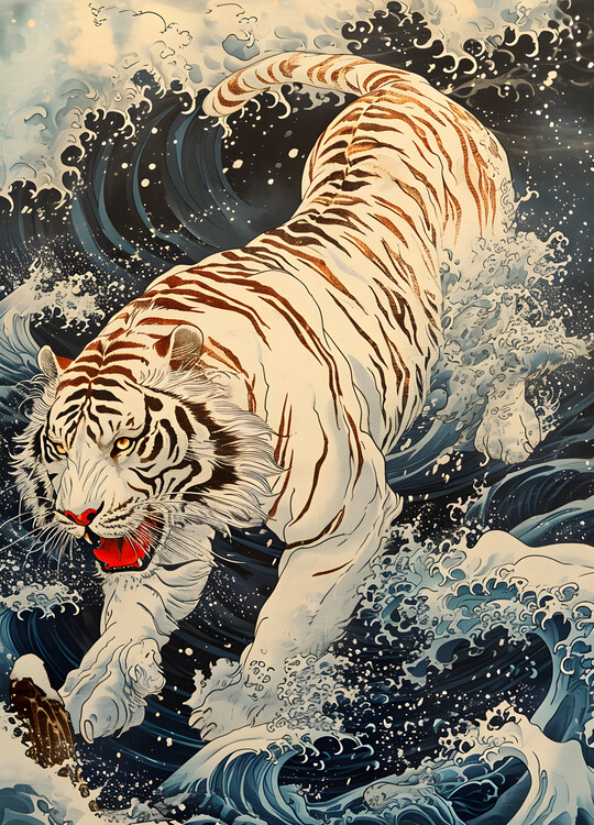Poster White Tiger in Kanagawa waves Japanese Art