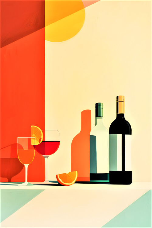 Poster Minimalistic Style Wine and Oranges Kitchen Art
