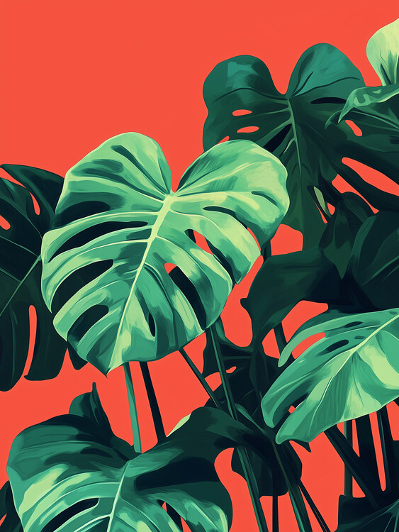 Plakát Monstera Leaves on Orange Background