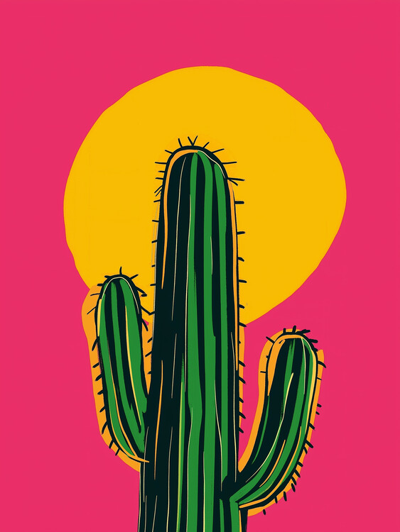 Plakát Sunlit Cactus on Pink Background