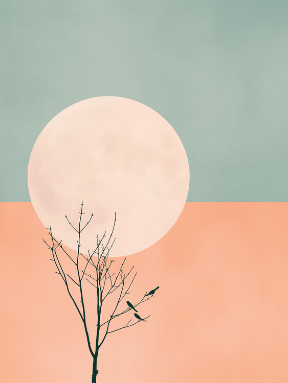 Plakát Birds Perched Under the Full Moon