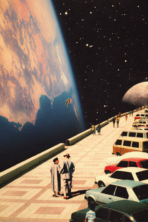 Poster Space Promenade - Retro-Futuristic Collage Art