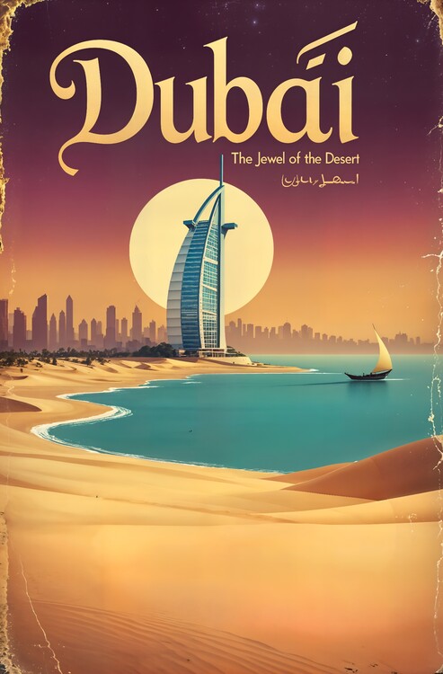 Плакат Retro Dubai Travel Art – Burj Al Arab & Desert Charm