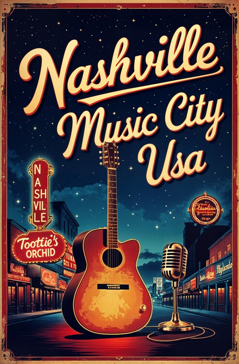 Plakát Broadway Nashville Poster – Neon Lights & Country Vibes