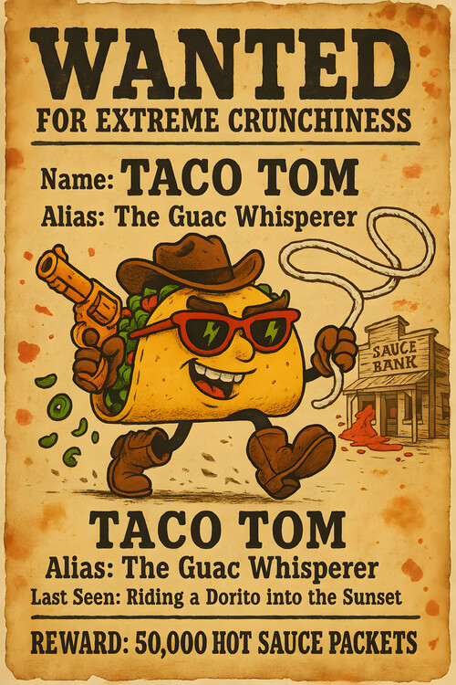 Póster Funny Taco Wanted Poster – Taco Tom Print for Kitchen or Bar