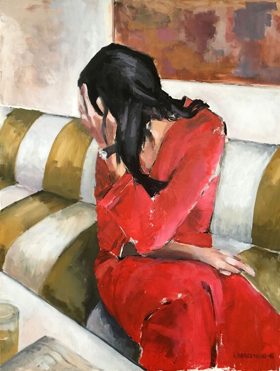 Poster Woman In A Red Dress Sits On A Sofa