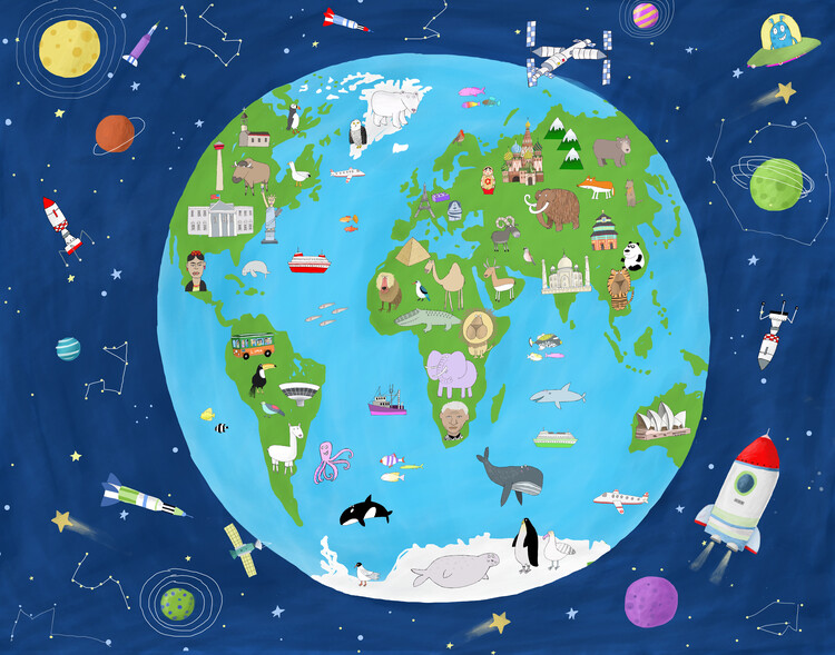 Levně Plakát, Obraz - Illustrated Map of the World from Space, Carla Daly, 40 × 30 cm