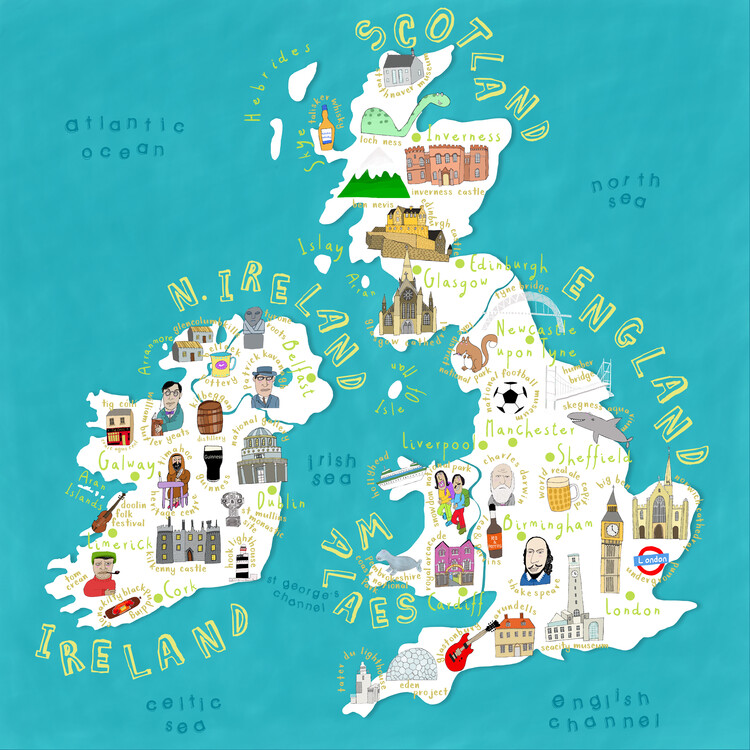 Poster Map of UK and Ireland with Country Icons