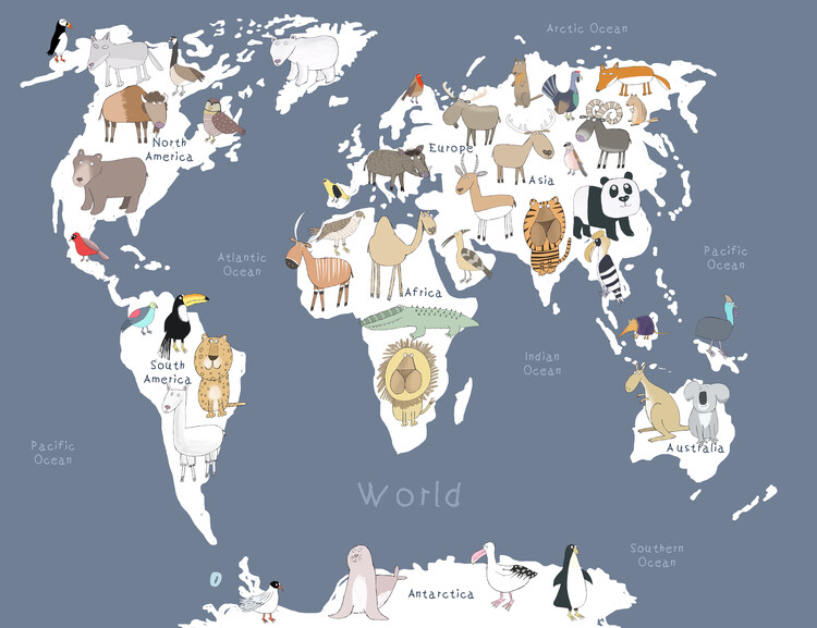 Levně Plakát, Obraz - Illustrated Map of the World with Cute Animals, Carla Daly, 40 × 30 cm