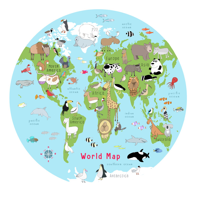 Levně Plakát, Obraz - Illustrated World Map Animals and Fish Light Blue, Carla Daly, 40 × 40 cm