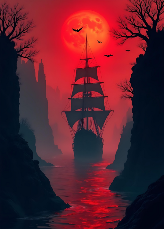 Poster Haunted Ship Red Moon Art Print
