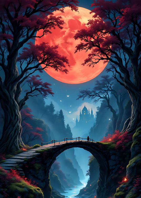 Poster Red Moon Forest Bridge Landscape