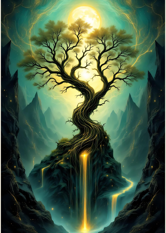 Poster Mystical Tree Waterfall Fantasy Art
