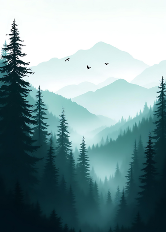 Poster Misty Mountain Forest Landscape