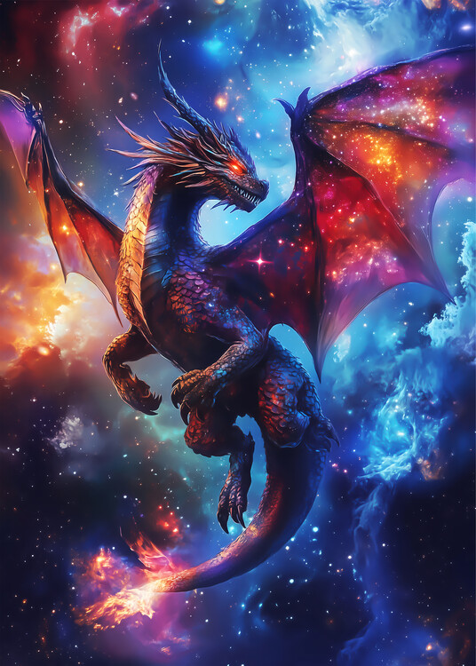 Poster A majestic dragon with cosmic wings soars through a colorful