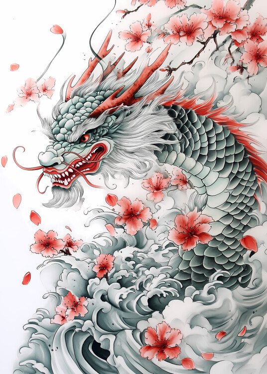 Poster Intricate dragon amidst waves and cherry blossoms