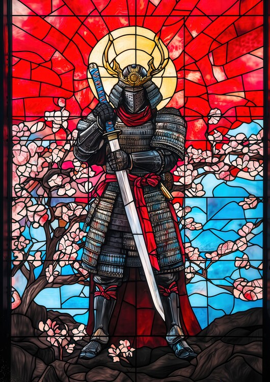 Poster Stained glass artwork of a samurai in armor