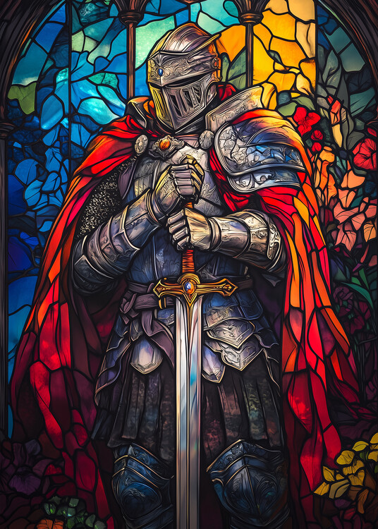Poster Stained glass knight in armor with a sword