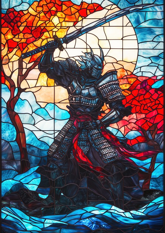 Poster Stained glass of a warrior in armor with a sword