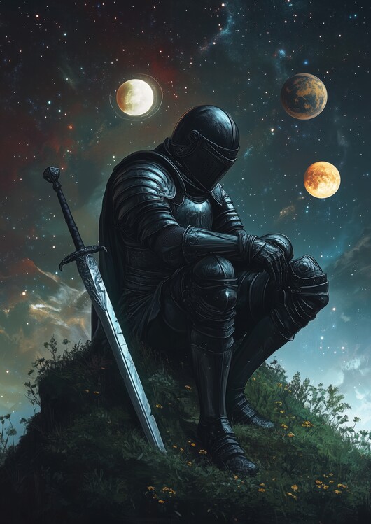 Poster A lone armored knight gazes at celestial moons