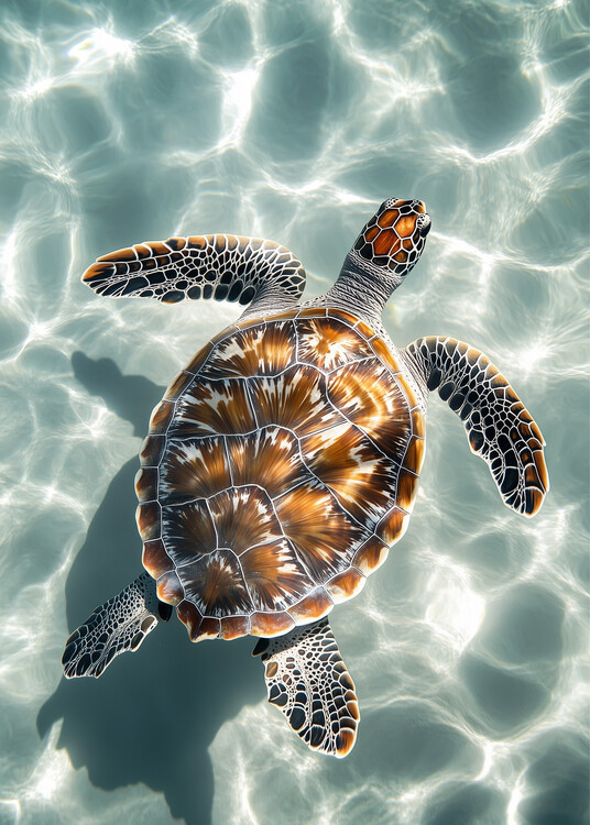 Poster Sea turtle gracefully gliding in clear turquoise waters