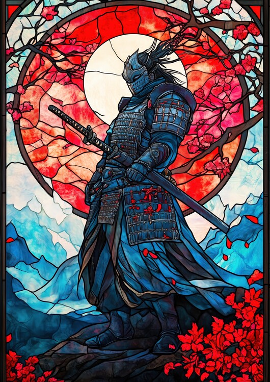 Poster Warrior in blue samurai armor with a katana