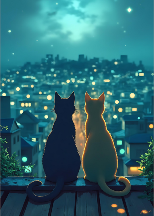 Poster Night Cats with Full Moon Poster