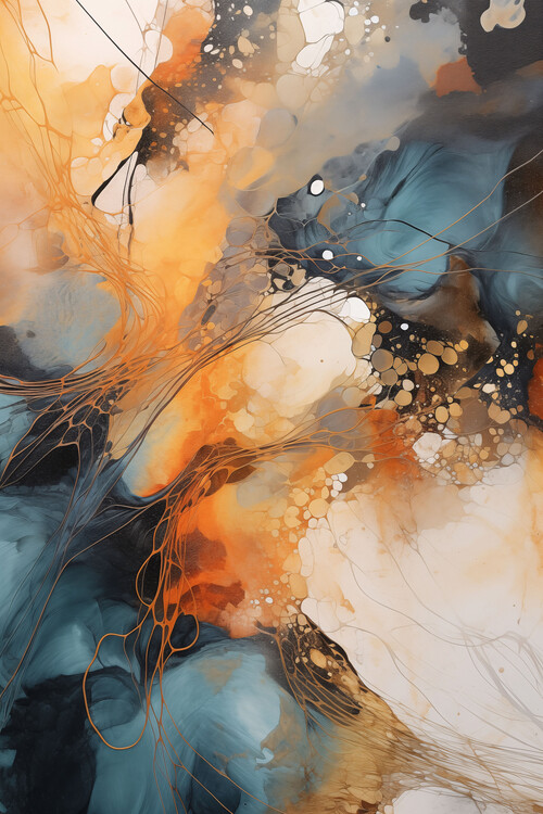 Juliste Blue and orange wave painting. framed wall decoration