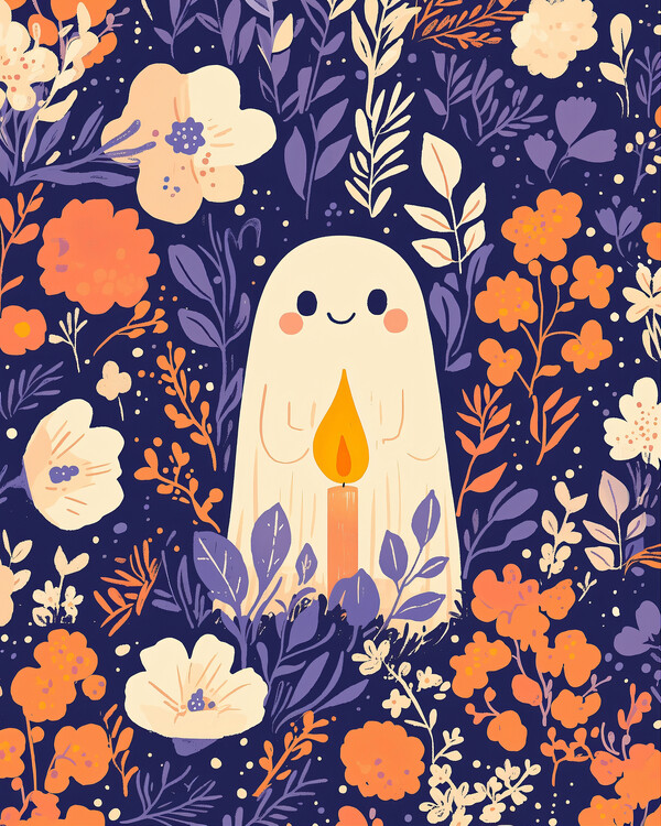 Poster Cute Vintage Floral Ghost With Flowers, Boho wall decor