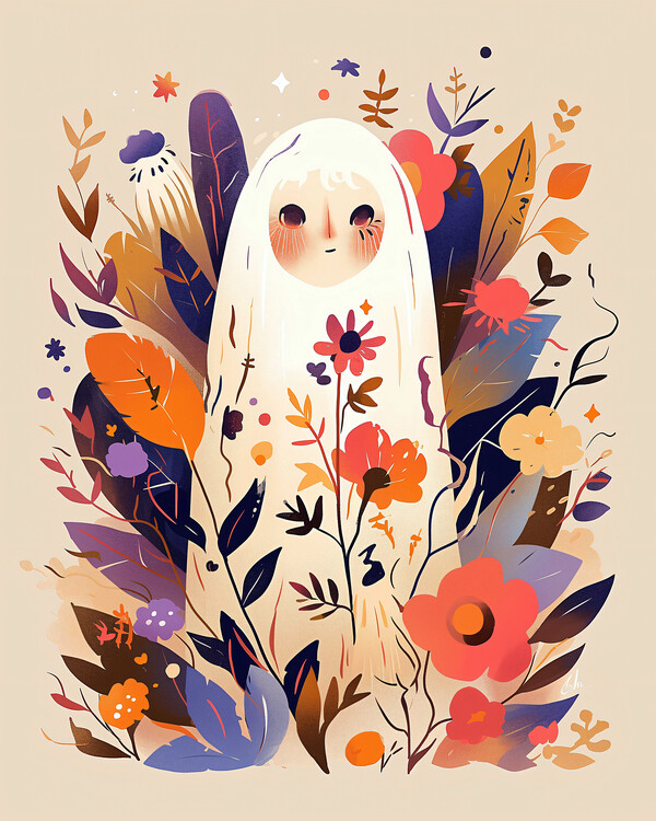 Poster Cute Retro Floral Ghost painting, Aesthetic Boho wall decor