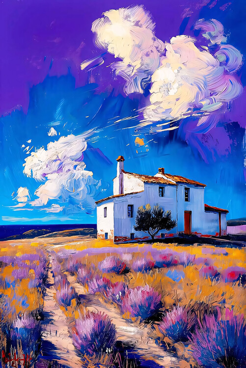 Plakat Country house landscape, lavender field, blue sky and white