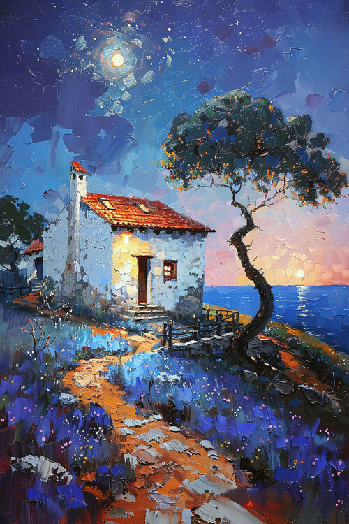 Plakat Cottage overlooking the sea under the moonlight, landscapes