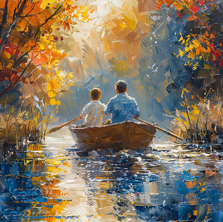 Plakat Father and son on a boat sailing on a stream, framed canvas