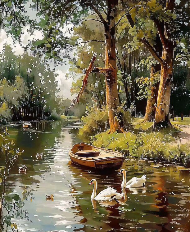 Plakat Geese swim in a stream of water between trees; wall art deco
