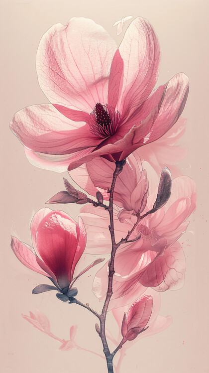 Plakat Botanical: Minimalist single line sketch pink grey flowers,