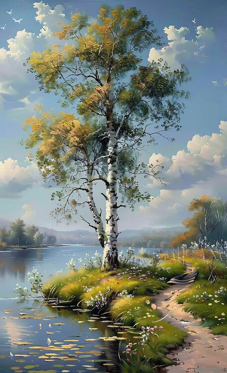 Plakat A brightly colored landscape, trees and a stream, wall art