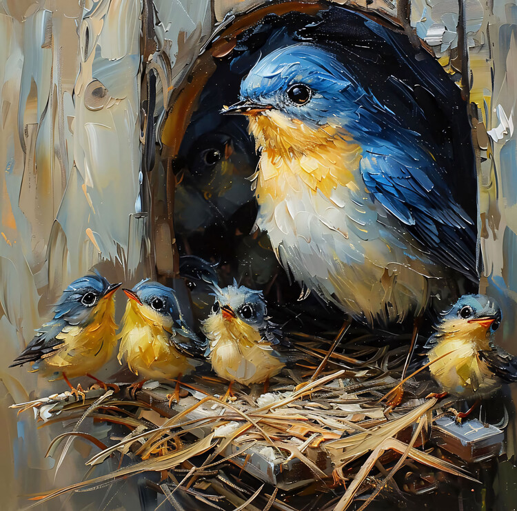 Plakat A colorful bird and its young in a nest in a tree, wall Art