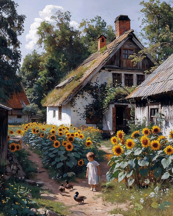 Plakat Oold farm surrounded by sunfloweers, wall art decoration