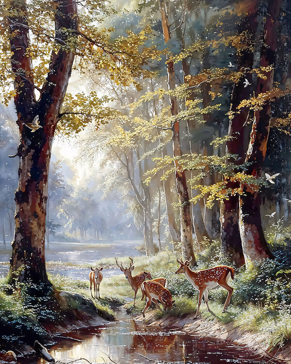 Plakat A deer among the trees drinking water from a lake
