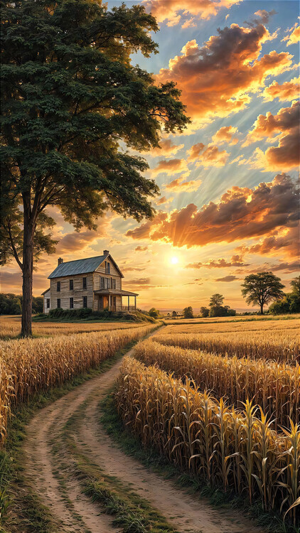 Plakat A country house on a dirt road, surrounded by cornfield