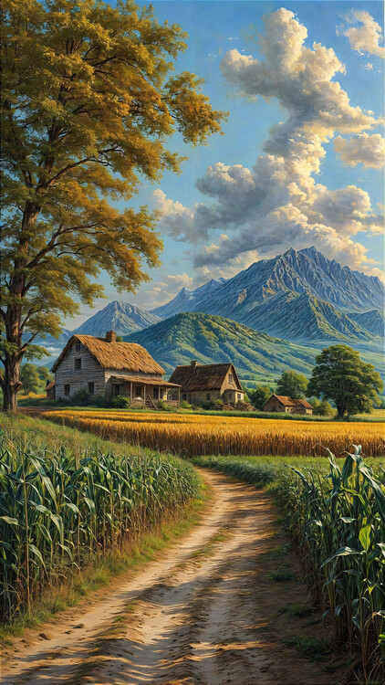 Plakat A dirt road winds through a cornfield with mountains