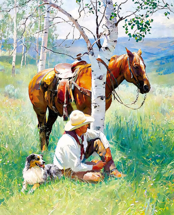 Plakat A knight & his dog and horse rest under a tree