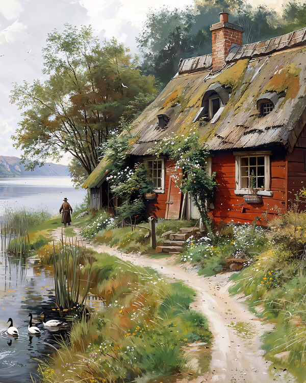 Plakat Old Russian village, hut, Oil on Canvas Board