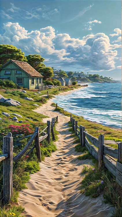 Plakat Sandy path leads to a small village by the sea