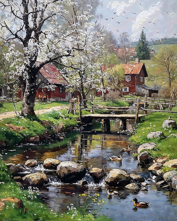 Plakat The Mill Cottage in Spring, Oil on Canvas Board