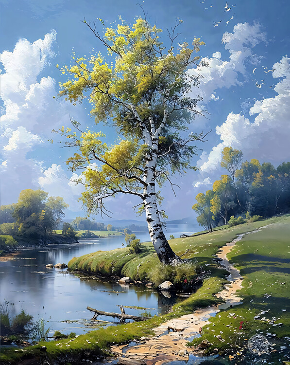 Plakat Trees and river, calm water surface extending to the horizon