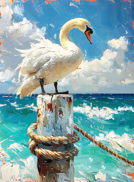 Poster White migratory bird, geese by the sea, blue colors