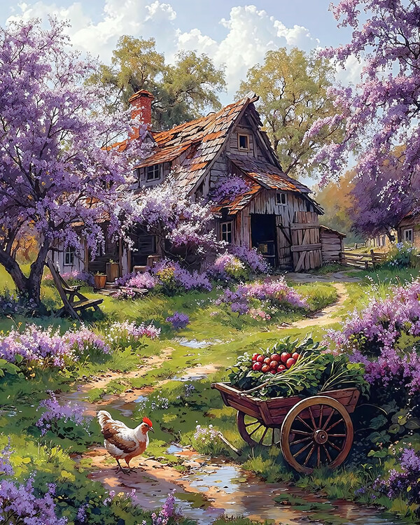Plakat Old-fashioned Farmhouse Encircled by Pink Flowers