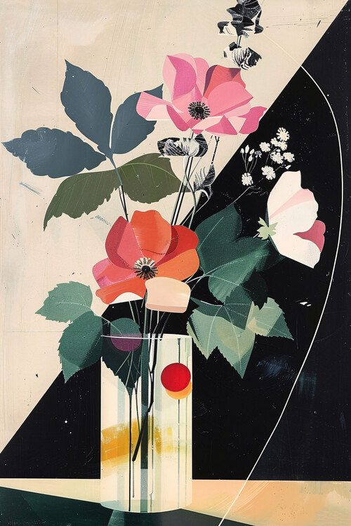 Plakat flowers and leaves in vase, wall decoration